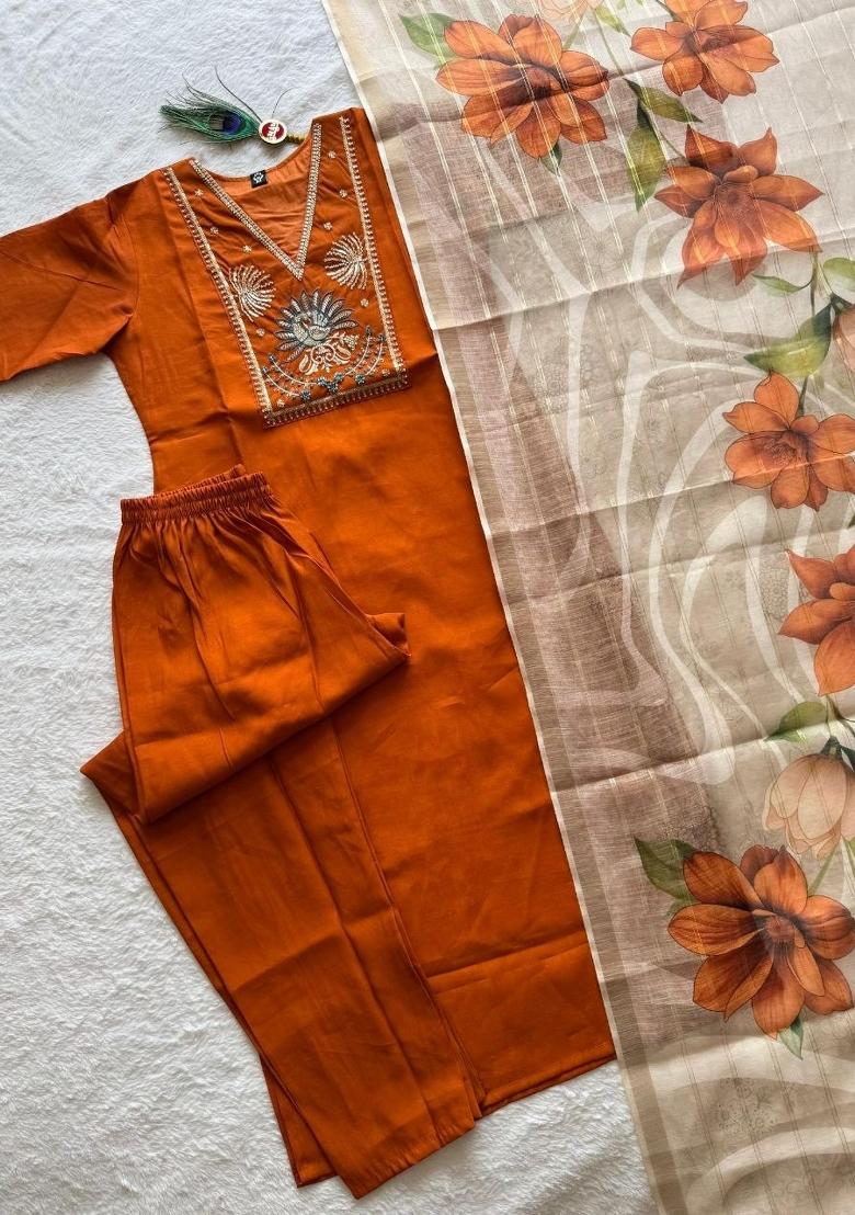 Orange Embroidered Silk Blend Kurta Set - Indya
