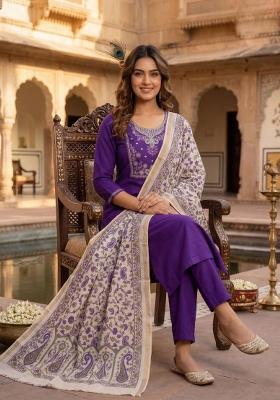 Purple Embroidered Silk Blend Kurta Set