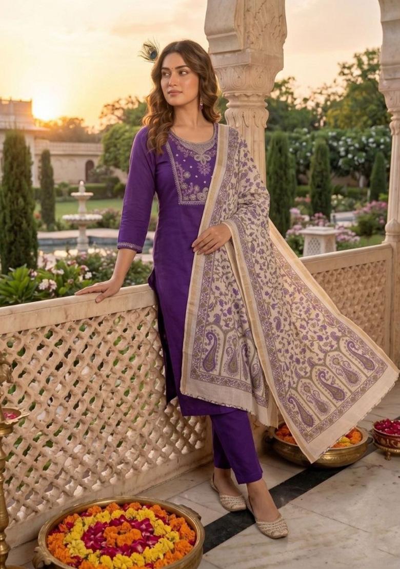 Purple Embroidered Silk Blend Kurta Set - Indya