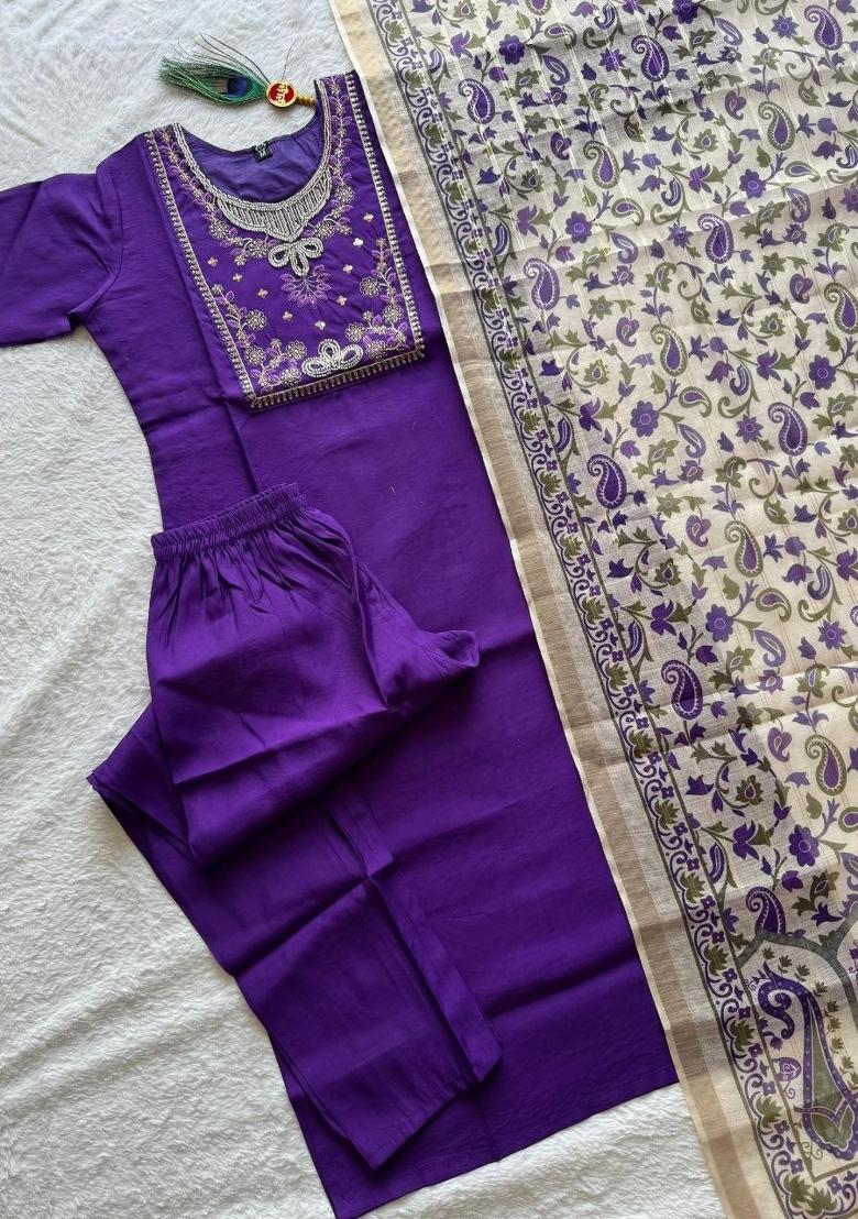 Purple Embroidered Silk Blend Kurta Set - Indya