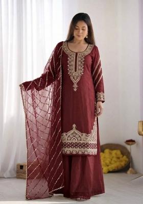 Red Embroidered Silk Blend Kurta Set