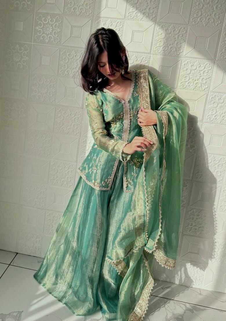 Green Embroidered Silk Blend Kurta Set - Indya