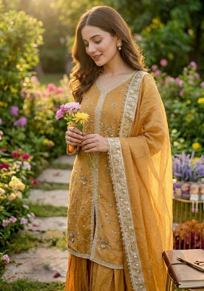 Mustard Embroidered Silk Blend Kurta Set - Indya