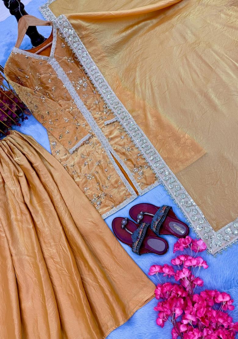 Mustard Embroidered Silk Blend Kurta Set - Indya