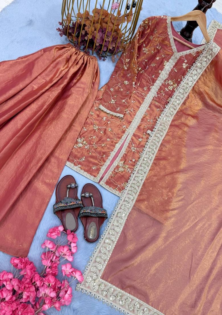 Orange Embroidered Silk Blend Kurta Set - Indya