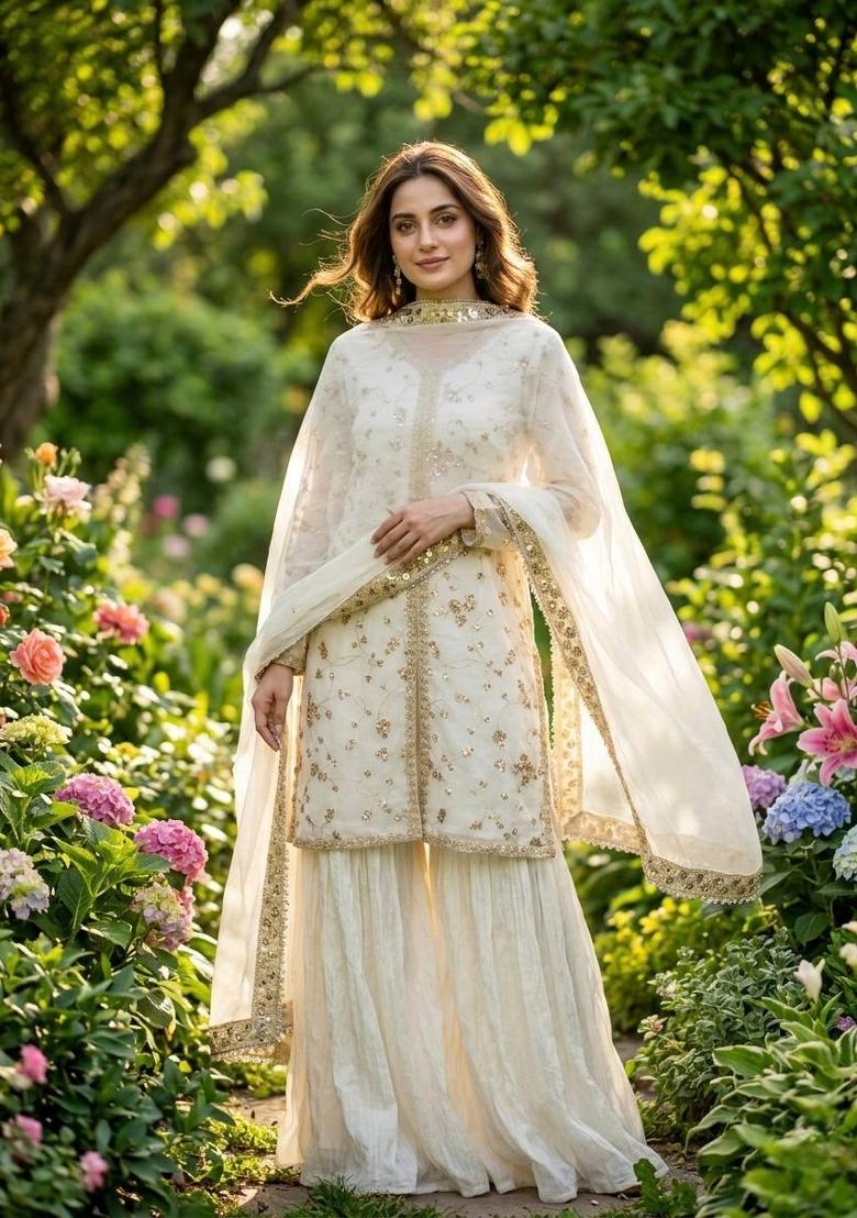 White Embroidered Silk Blend Kurta Set - Indya