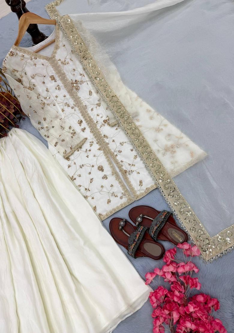 White Embroidered Silk Blend Kurta Set - Indya