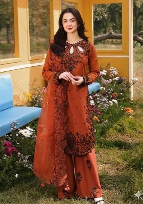 Orange Embroidered Silk Blend Kurta Set