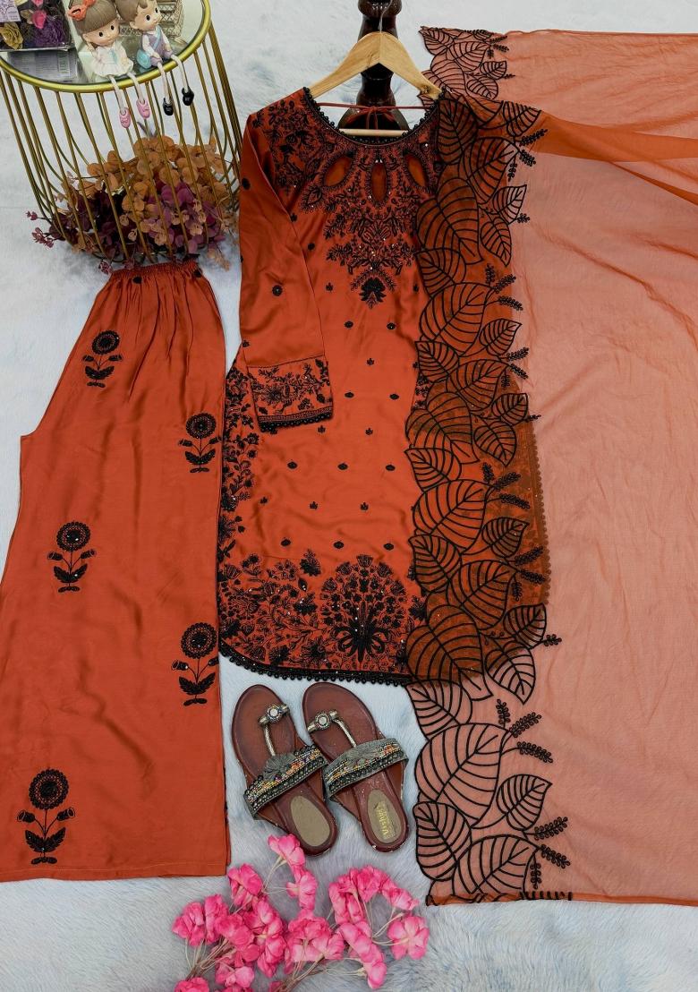 Orange Embroidered Silk Blend Kurta Set - Indya