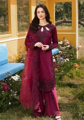 Wine Embroidered Silk Blend Kurta Set