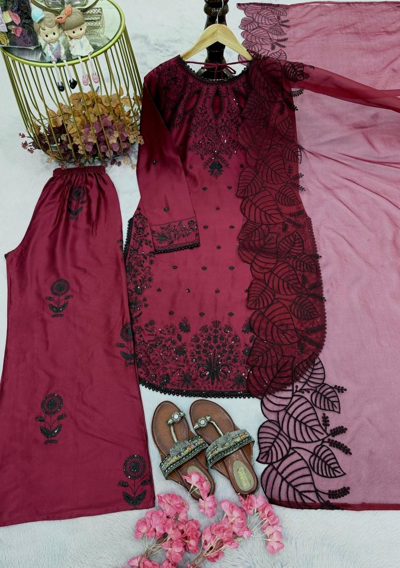 Wine Embroidered Silk Blend Kurta Set - Indya