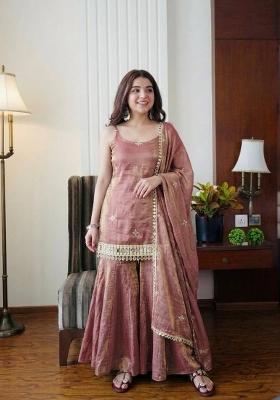 Peach Embroidered Silk Blend Kurta Set