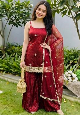 Red Embroidered Silk Blend Kurta Set