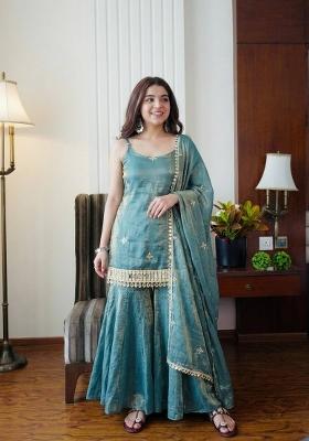 Teal Embroidered Silk Blend Kurta Set