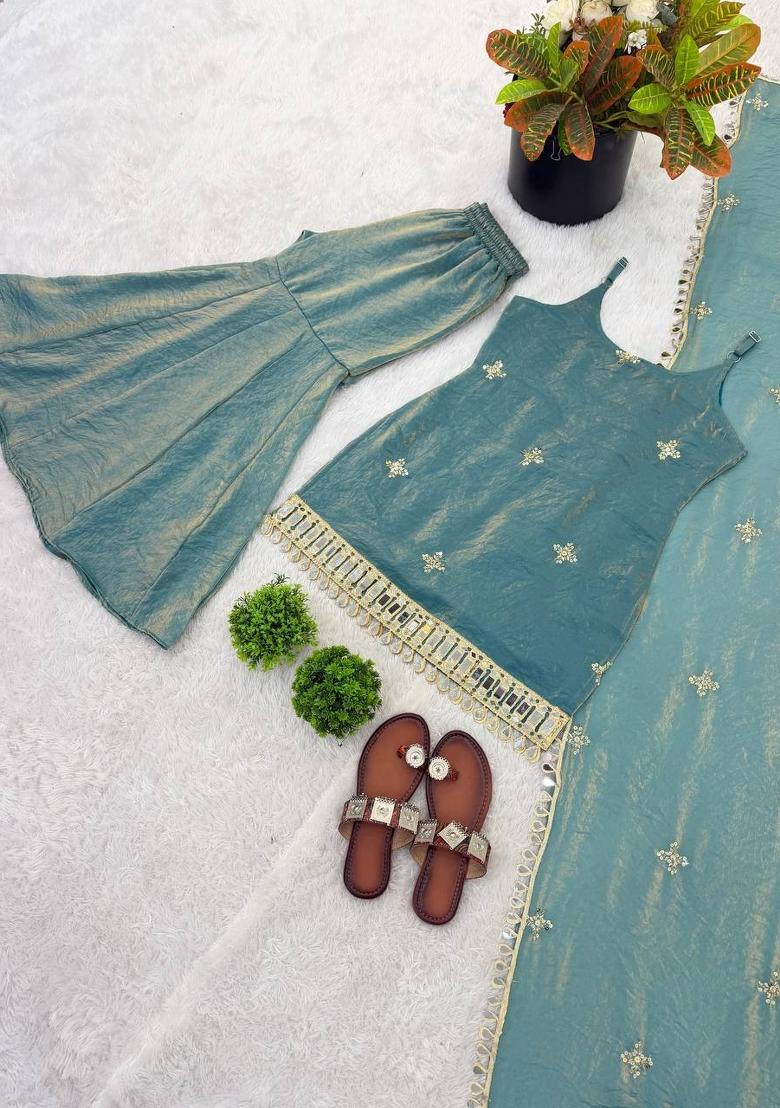 Teal Embroidered Silk Blend Kurta Set - Indya