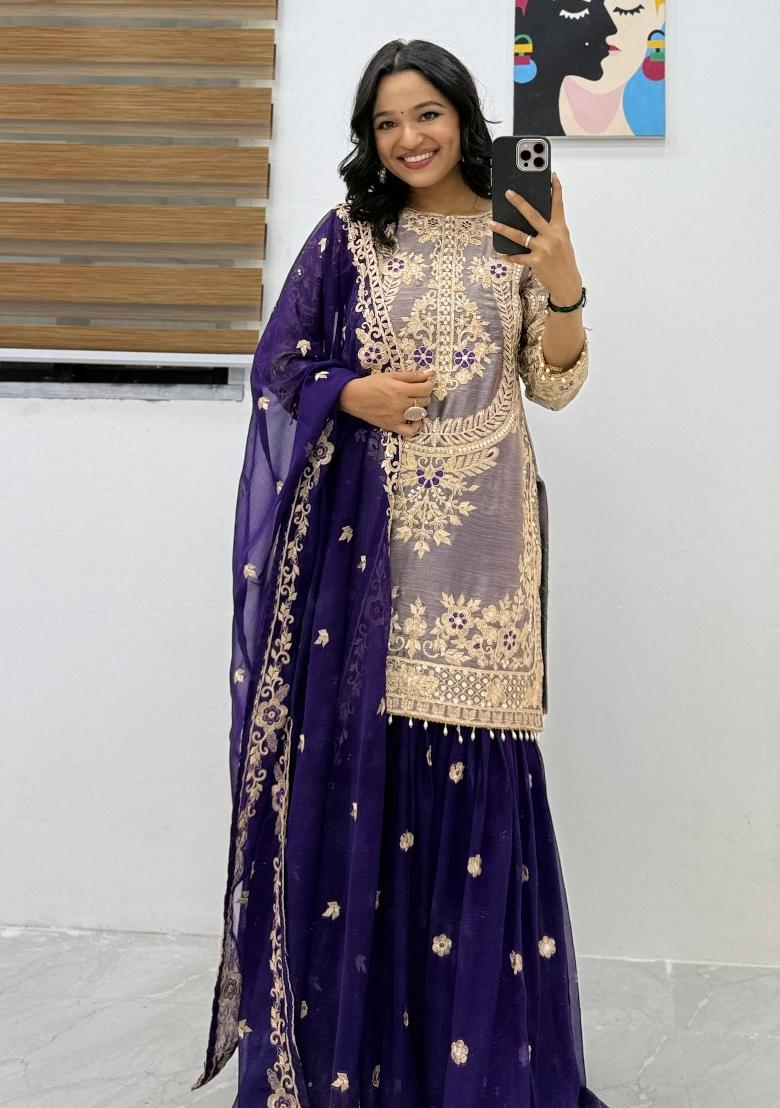 Purple Embroidered Silk Blend Kurta Set - Indya