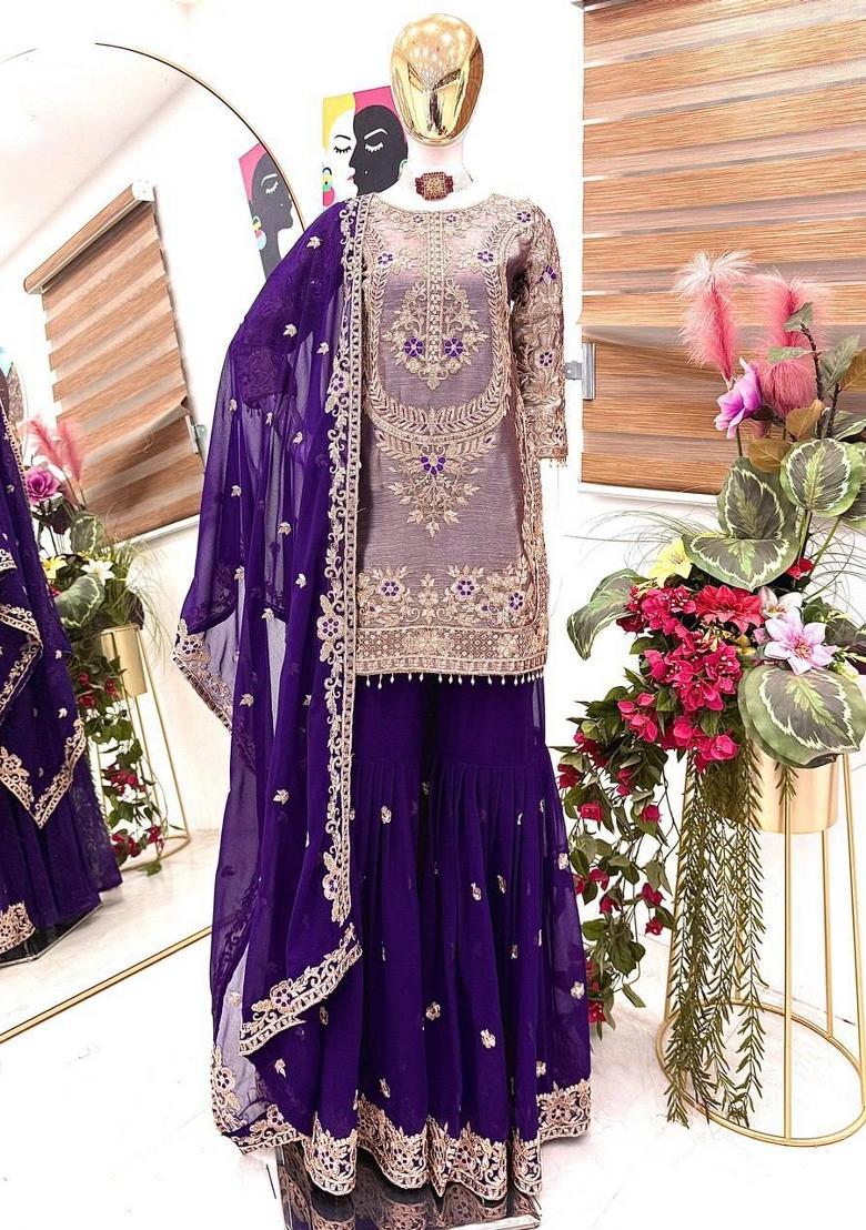 Purple Embroidered Silk Blend Kurta Set - Indya