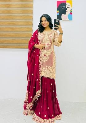 Red Embroidered Silk Blend Kurta Set