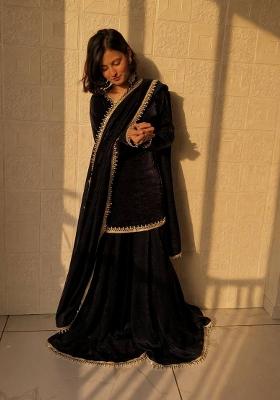 Black Mirror Work Silk Blend Kurta Set