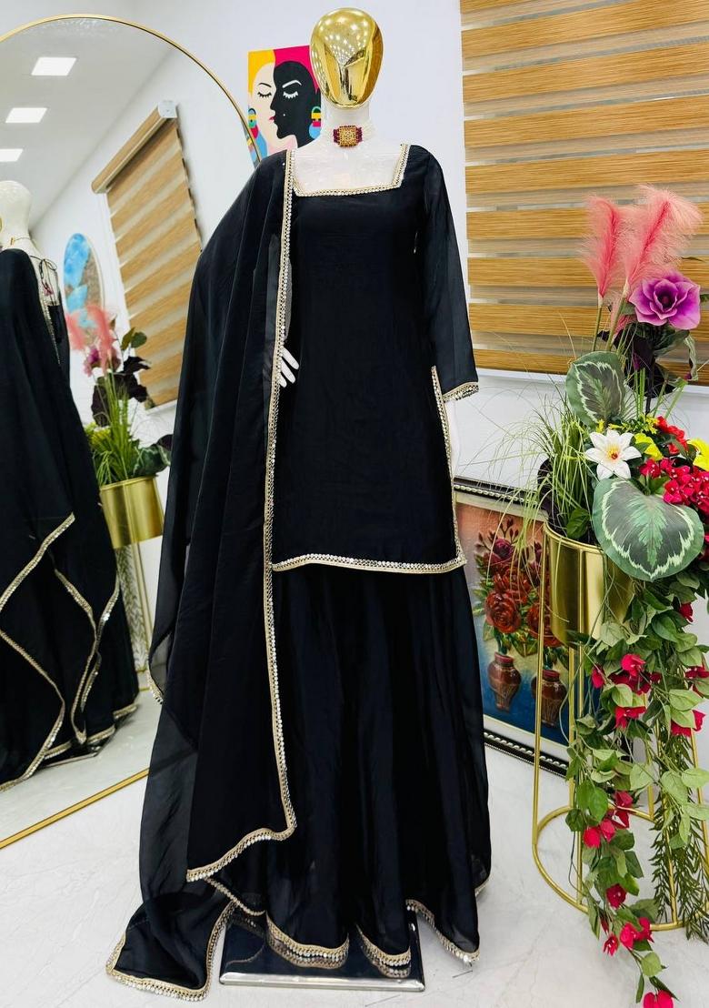 Black Mirror Work Silk Blend Kurta Set - Indya