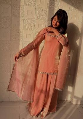 Peach Mirror Work Silk Blend Kurta Set