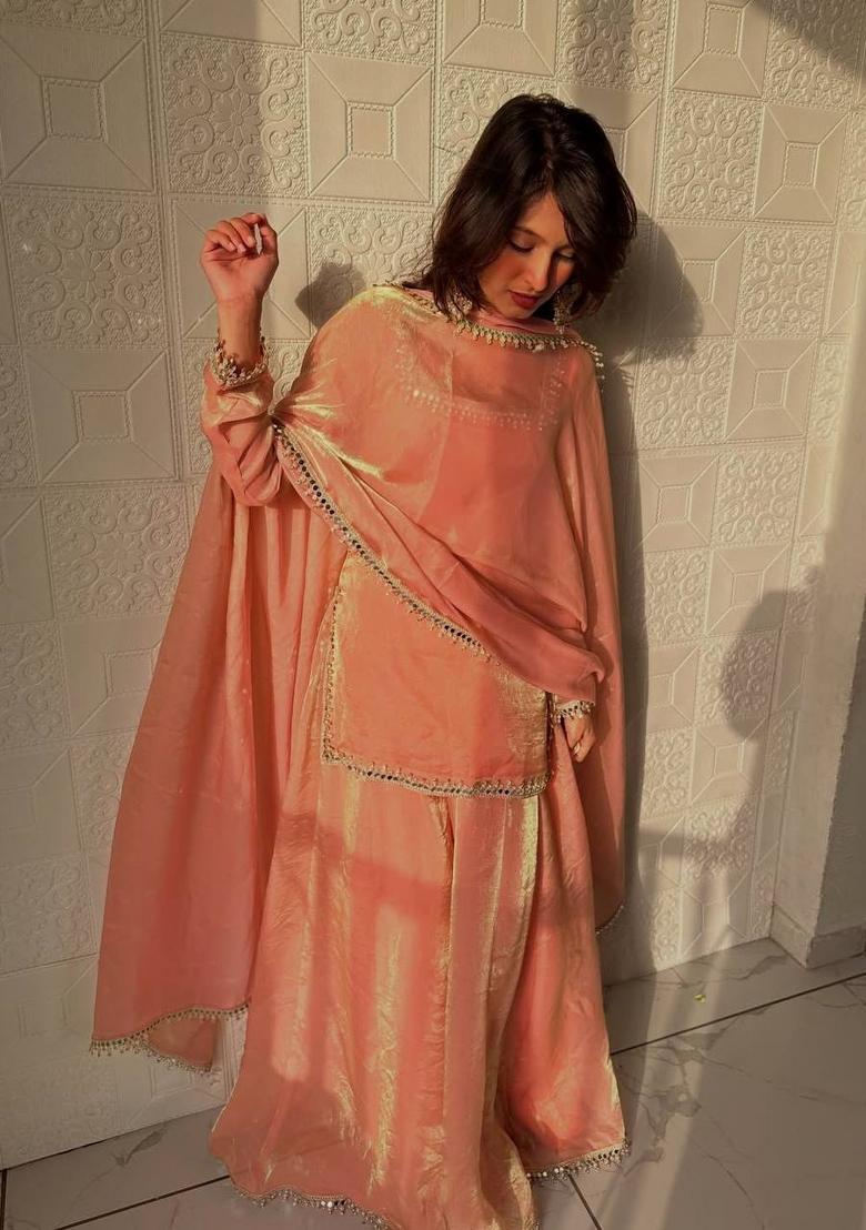 Peach Mirror Work Silk Blend Kurta Set - Indya