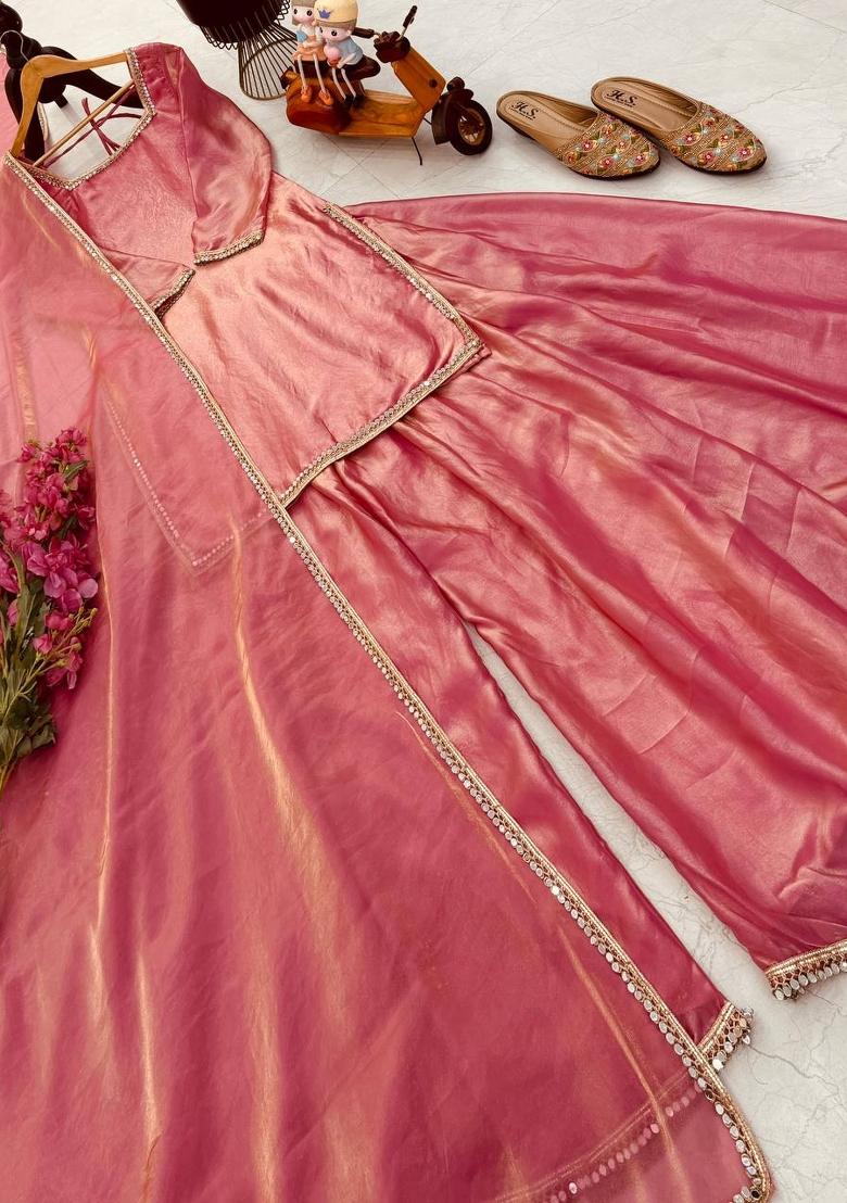 Peach Mirror Work Silk Blend Kurta Set - Indya