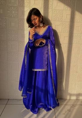 Dark Royal Blue Mirror Work Silk Blend Kurta Set