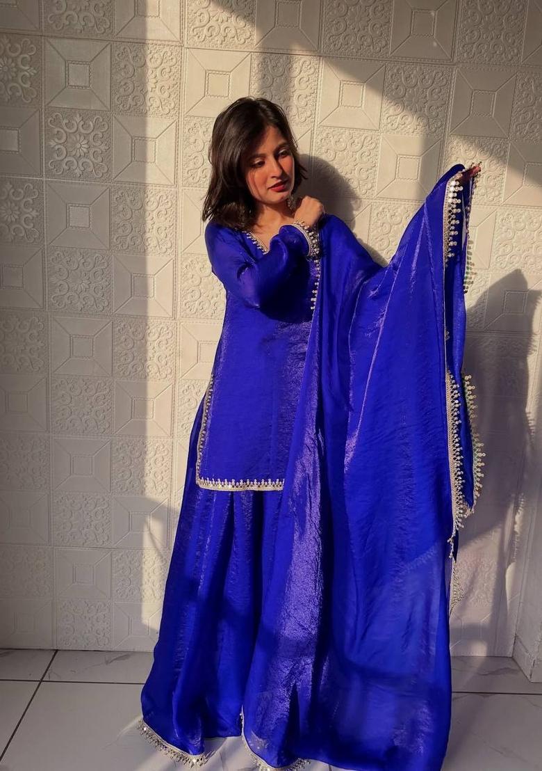Dark Royal Blue Mirror Work Silk Blend Kurta Set - Indya