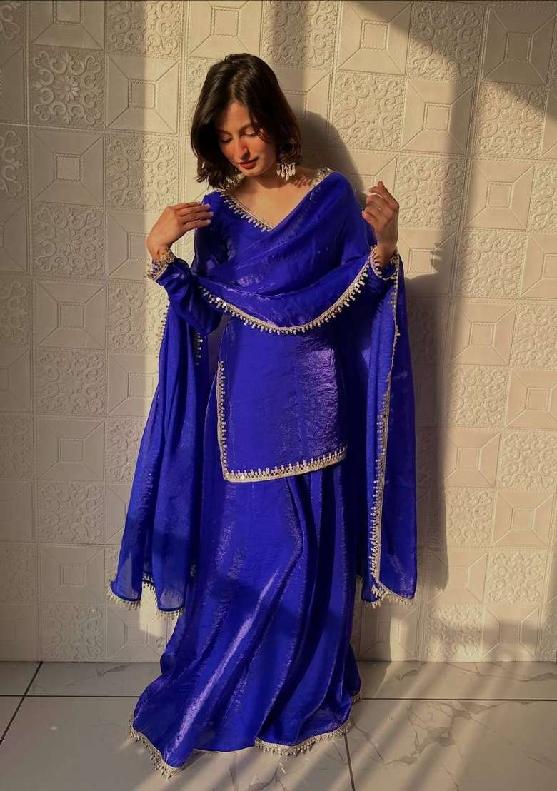 Dark Royal Blue Mirror Work Silk Blend Kurta Set - Indya
