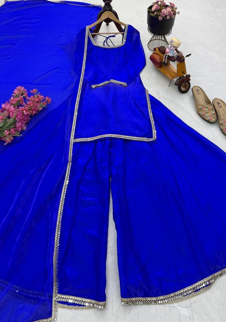 Dark Royal Blue Mirror Work Silk Blend Kurta Set - Indya