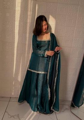 Teal Mirror Work Silk Blend Kurta Set