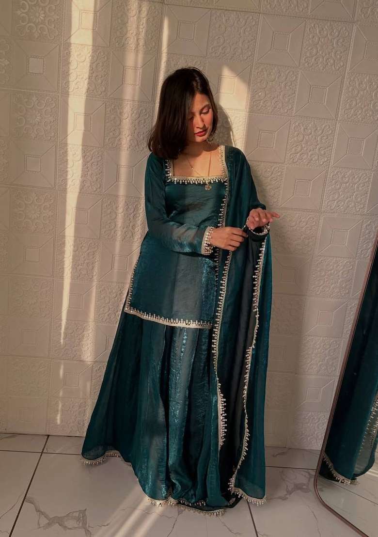 Teal Mirror Work Silk Blend Kurta Set - Indya