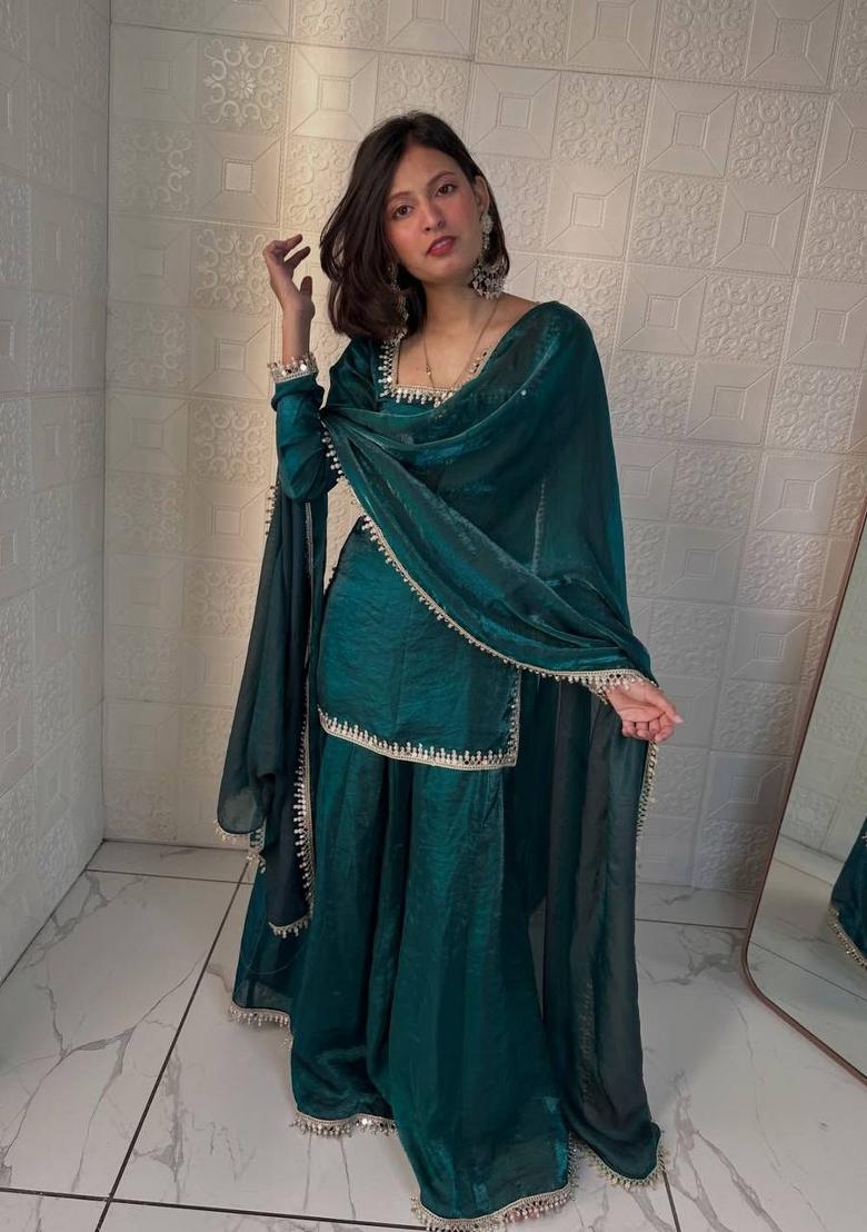 Teal Mirror Work Silk Blend Kurta Set - Indya