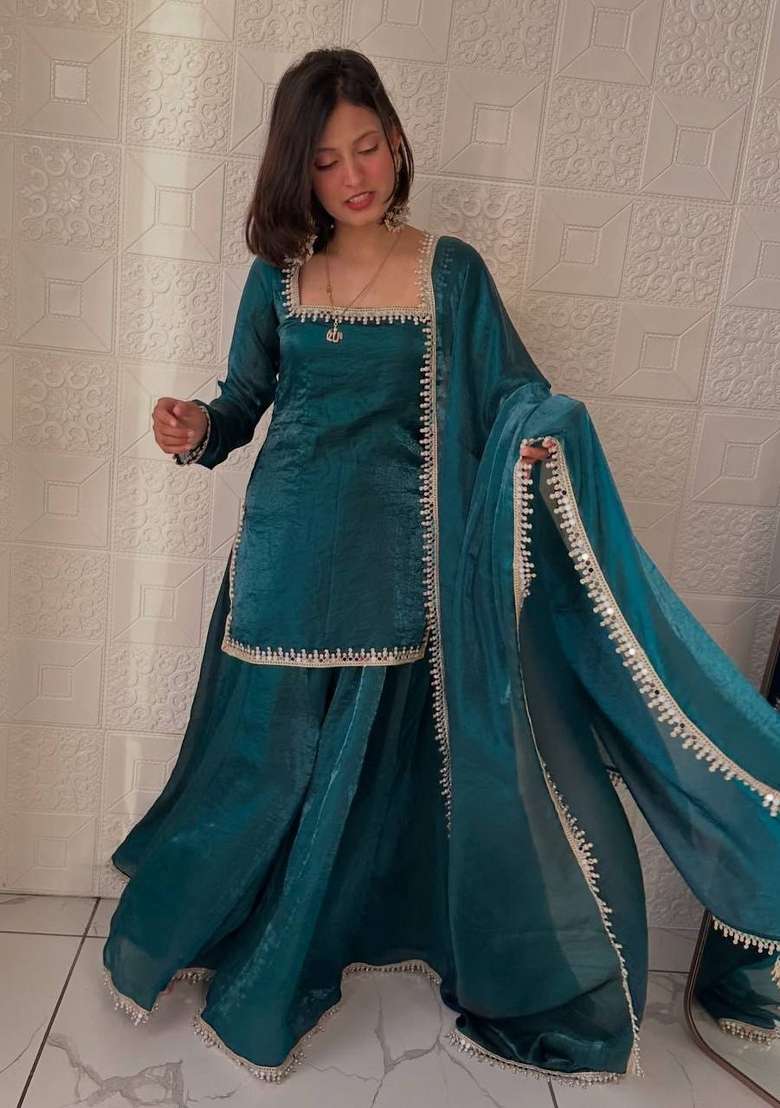 Teal Mirror Work Silk Blend Kurta Set - Indya