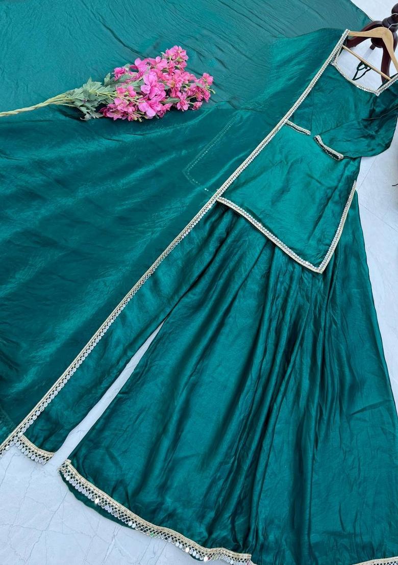 Teal Mirror Work Silk Blend Kurta Set - Indya
