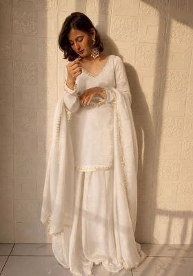 White Mirror Work Silk Blend Kurta Set