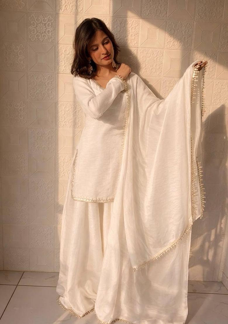 White Mirror Work Silk Blend Kurta Set - Indya