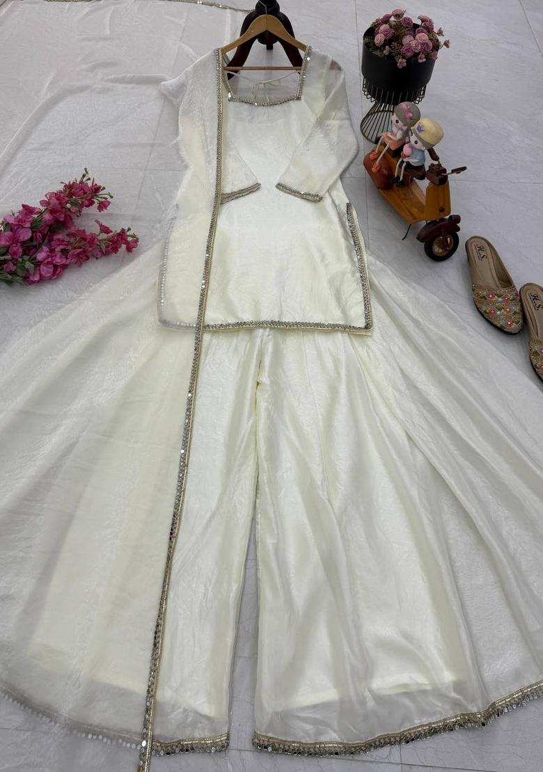 White Mirror Work Silk Blend Kurta Set - Indya