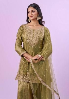 Light Green Embroidered Silk Blend Kurta Set