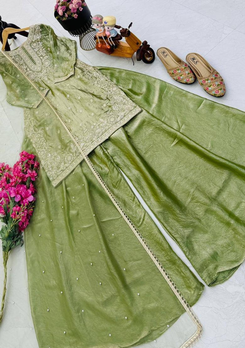 Light Green Embroidered Silk Blend Kurta Set - Indya