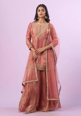 Peach Embroidered Silk Blend Kurta Set