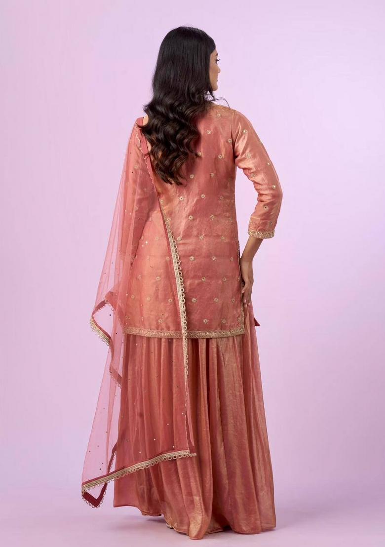 Peach Embroidered Silk Blend Kurta Set - Indya