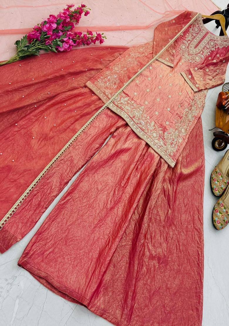 Peach Embroidered Silk Blend Kurta Set - Indya