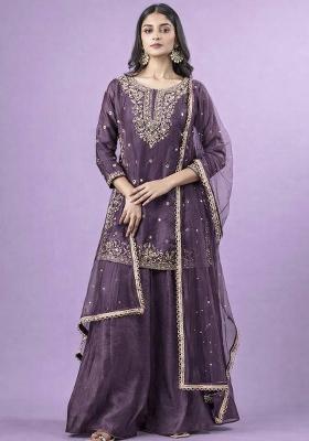 Lavender Embroidered Silk Blend Kurta Set