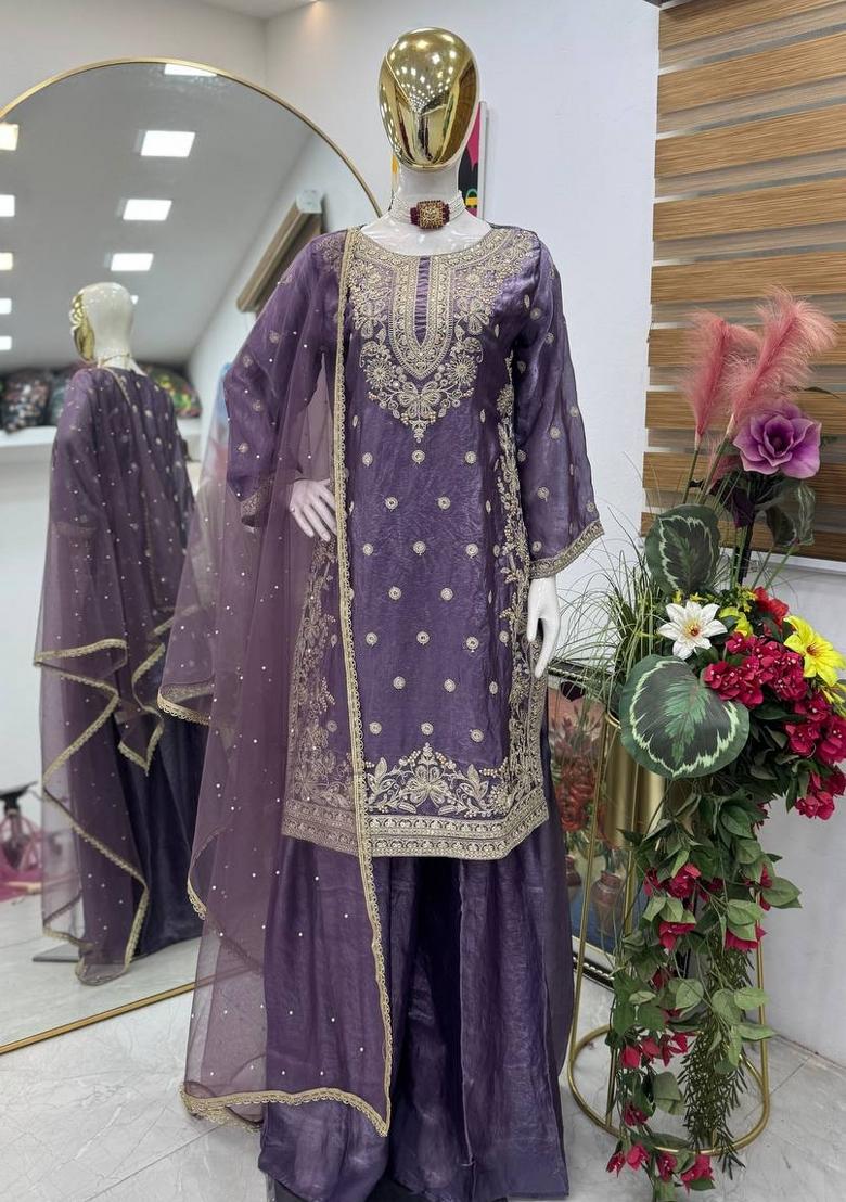 Lavender Embroidered Silk Blend Kurta Set - Indya