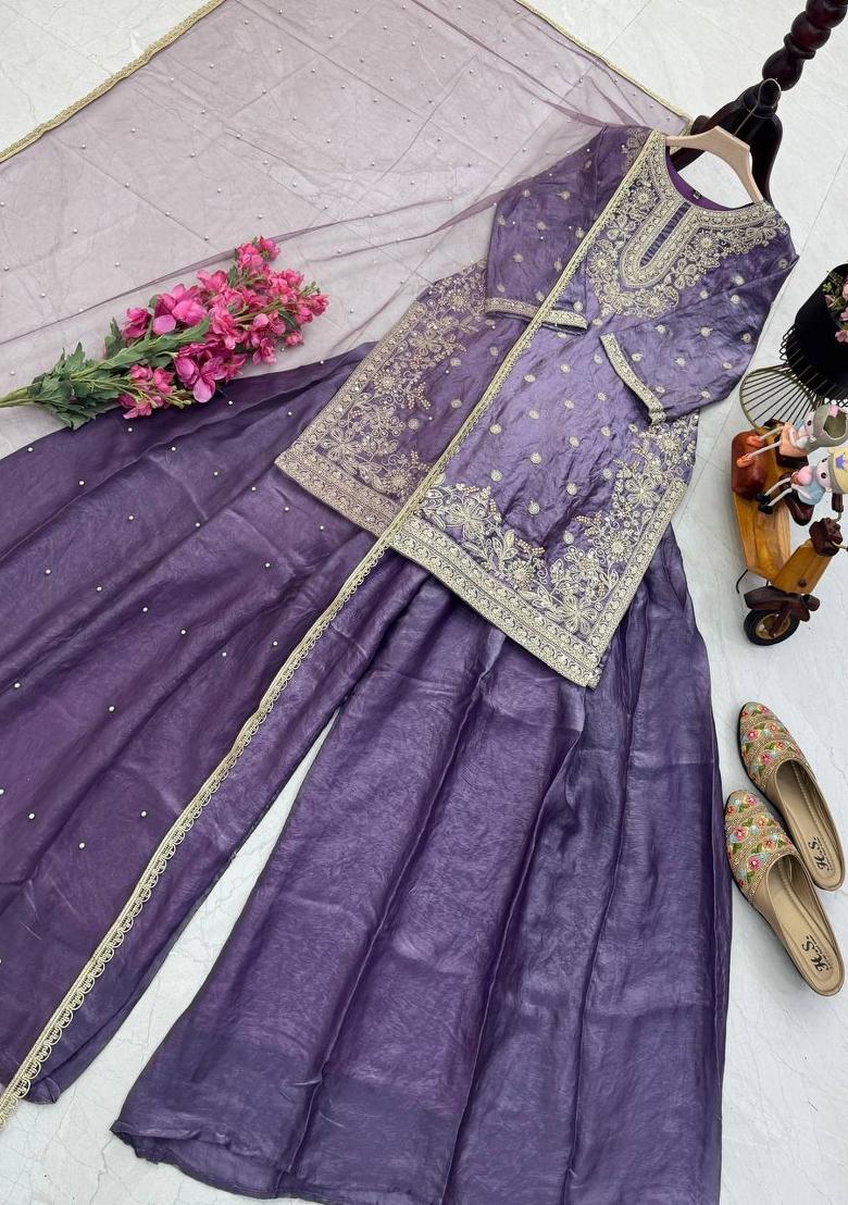 Lavender Embroidered Silk Blend Kurta Set - Indya
