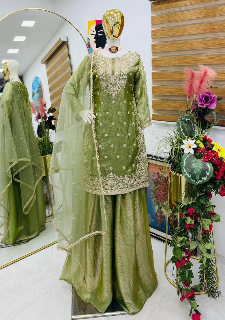 Light Green Embroidered Silk Blend Kurta Set - Indya