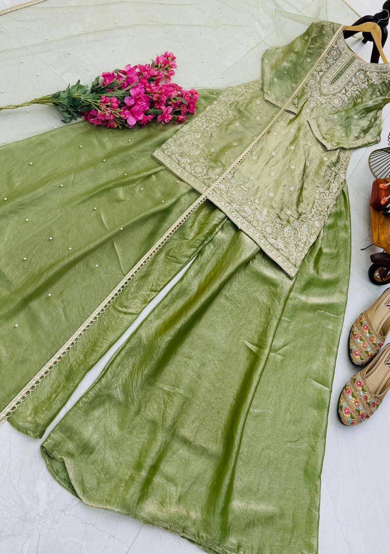 Light Green Embroidered Silk Blend Kurta Set - Indya