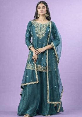 Teal Embroidered Silk Blend Kurta Set